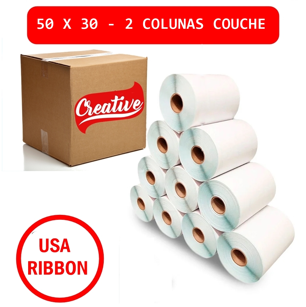 Kit Com 10 Rolos De Etiqueta Adesiva Couché 50X30Mm – 2 Carreiras (30 Metros)