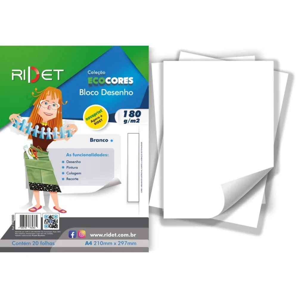 BLOCO PARA EDUCACAO ARTISTICA DESENHO BCO A4 180G.20F.21X29C RIDET (PACOTE)