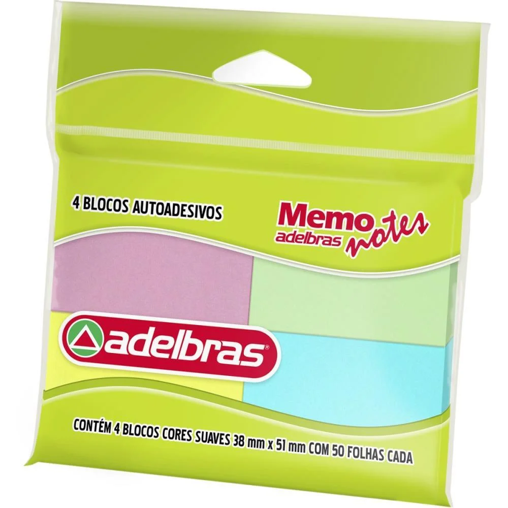 Bloco De Recado Autoadesivo Memonote Cor Suave 38X51 50Fls Adelbras (Pct.c/04)