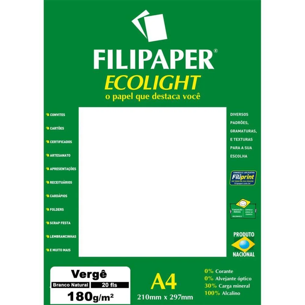 PAPEL A4 VERGE BRANCO ECOLIGHT 180G. FILIPERSON (CX.C/20)