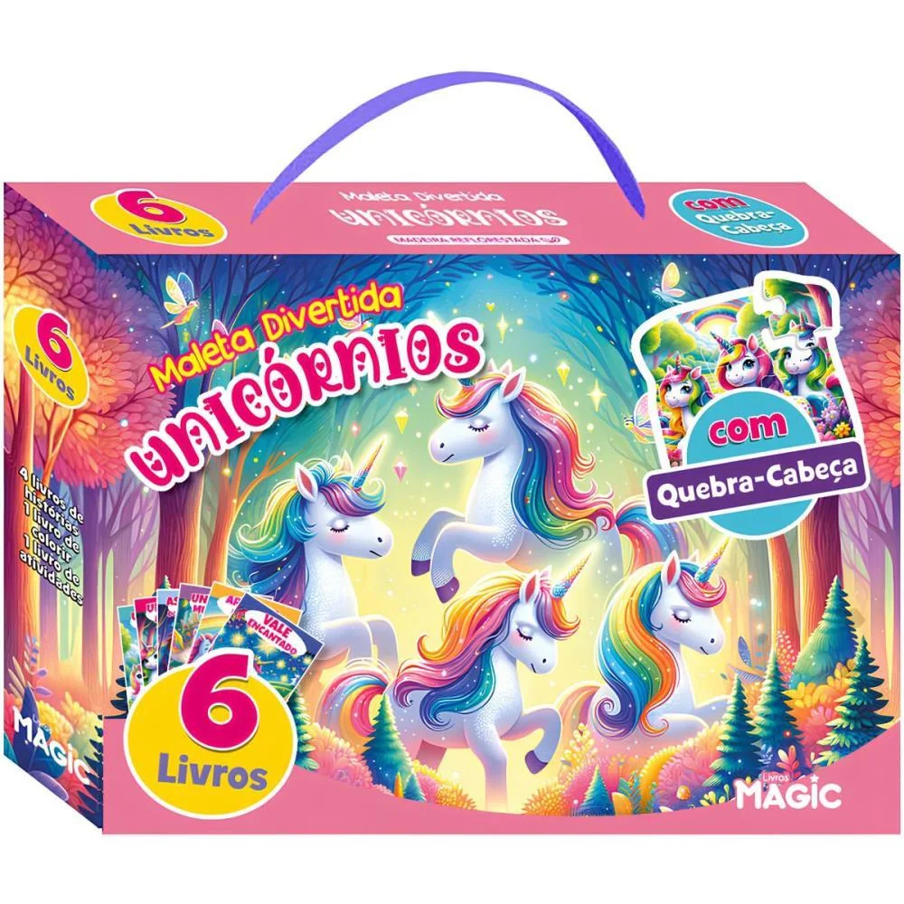 LIVRO BRINQUEDO ILUSTRADO UNICORNIO 6LIVROS+1 QUEBRA CAB MAGIC KIDS (MALETA)