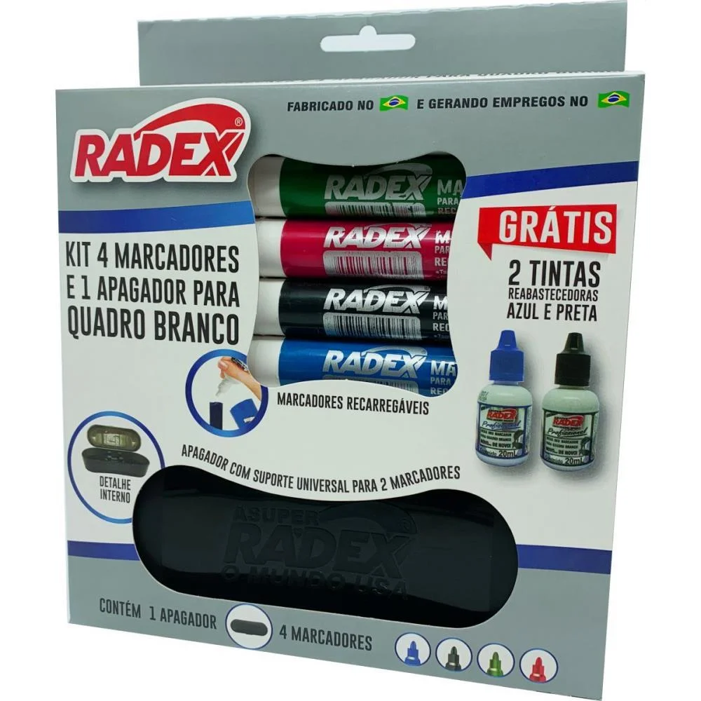 PINCEL QUADRO BRANCO 4 MARCADORES+1 APAGADOR+2TINTA RADEX (KIT)