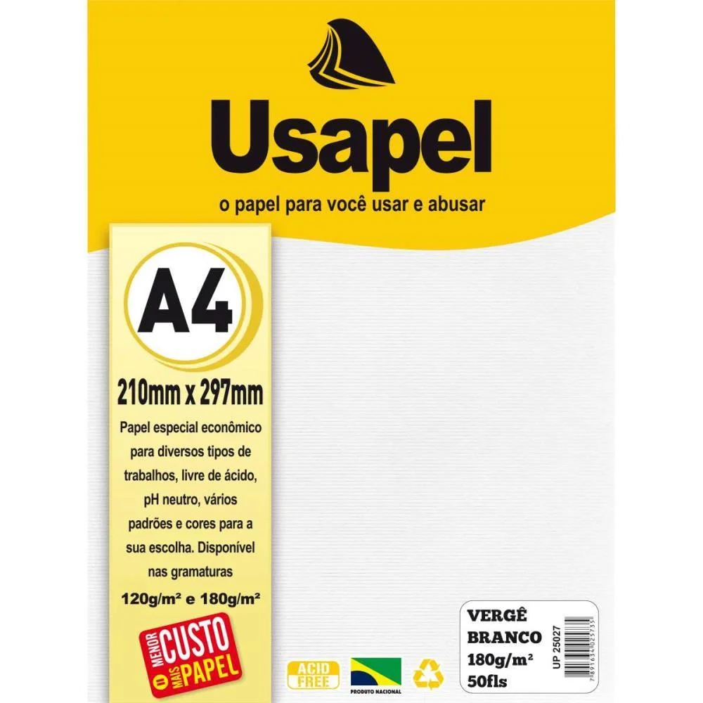 PAPEL A4 VERGE USAPEL BRANCO 180G. FILIPERSON (PCT.C/50)