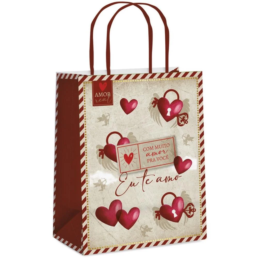 SACOLA PARA PRESENTE DECORADA AMOR REAL M 26X19,5X9,5CM CROMUS (PCT.C/10)