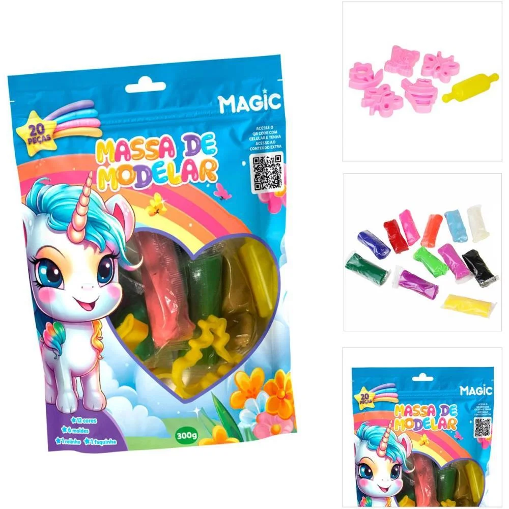 MASSA PARA MODELAR CRIATIVA UNICORNIO 300G 12CORES/6MOLDES MAGIC KIDS (UNIDADE)