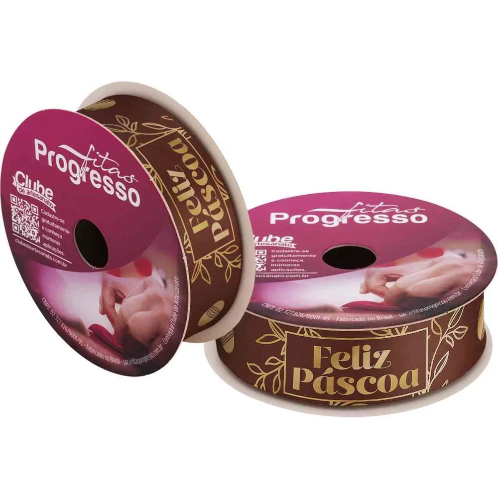FITA DE CETIM DECORADA 22MM 10M. FELIZ PASCOA MARROM/ FITAS PROGRESSO (UNIDADE)