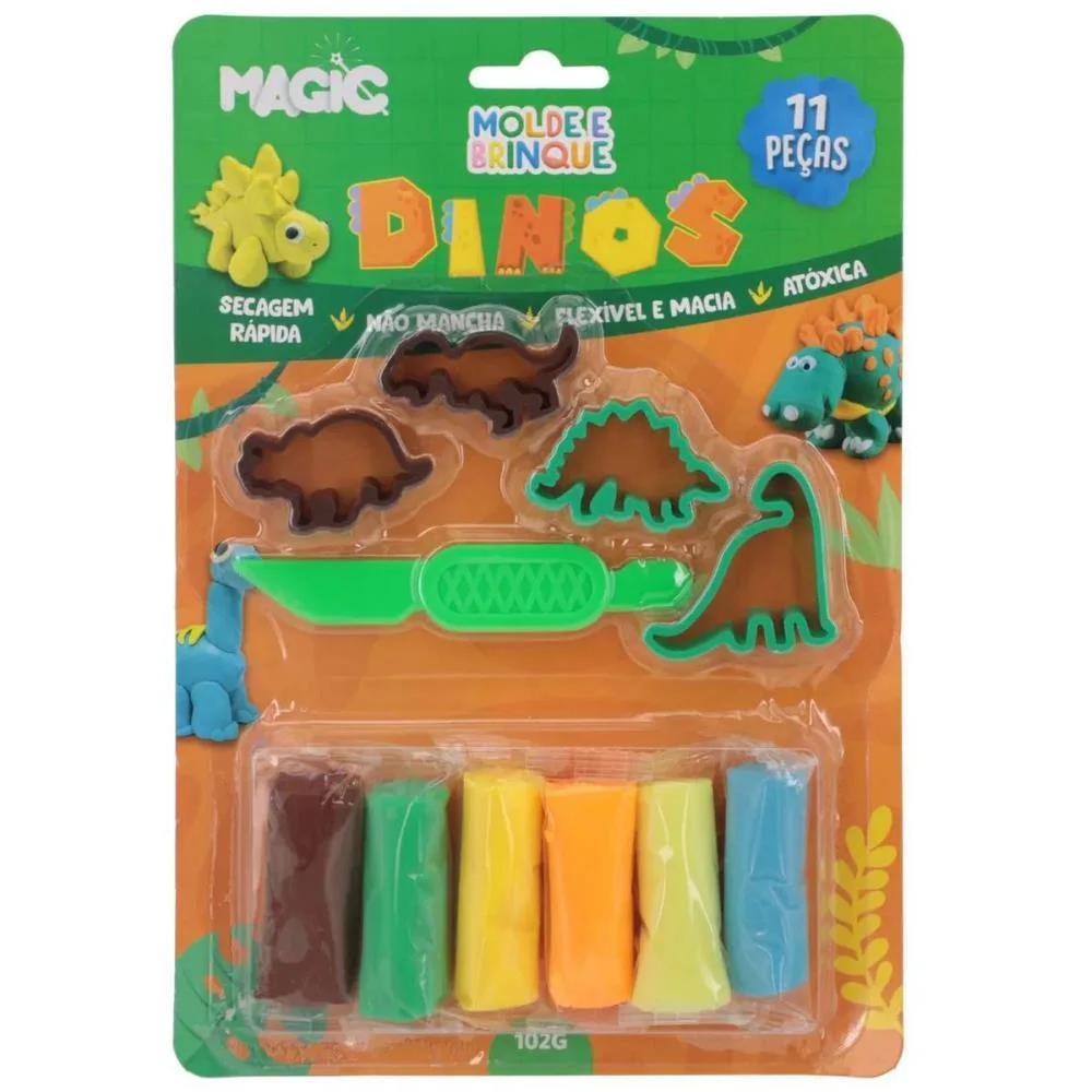 MASSA PARA MODELAR CRIATIVA DINO 11PCS MOLDE E BRINQUE MAGIC KIDS (UNIDADE)