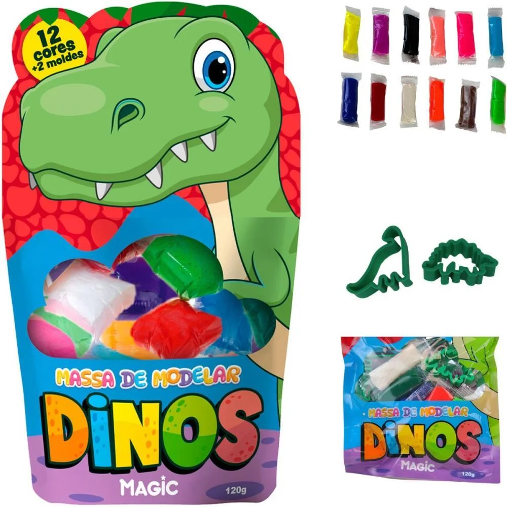 MASSA PARA MODELAR CRIATIVA DINO 120G COM 12 CORES/2MOLDES MAGIC KIDS (UNIDADE)