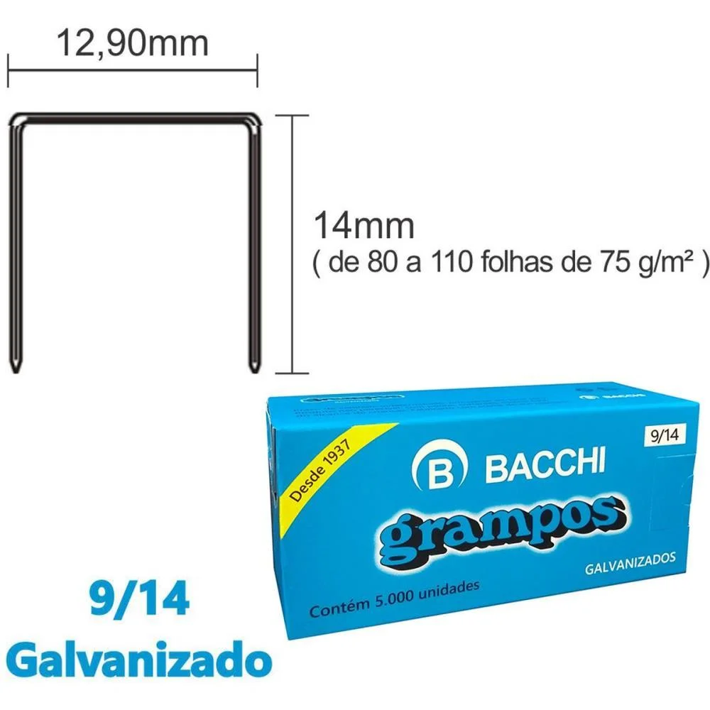 GRAMPO PARA GRAMPEADOR 9/14 GALVANIZADO 5000 GRAMPOS BACCHI (CAIXA)