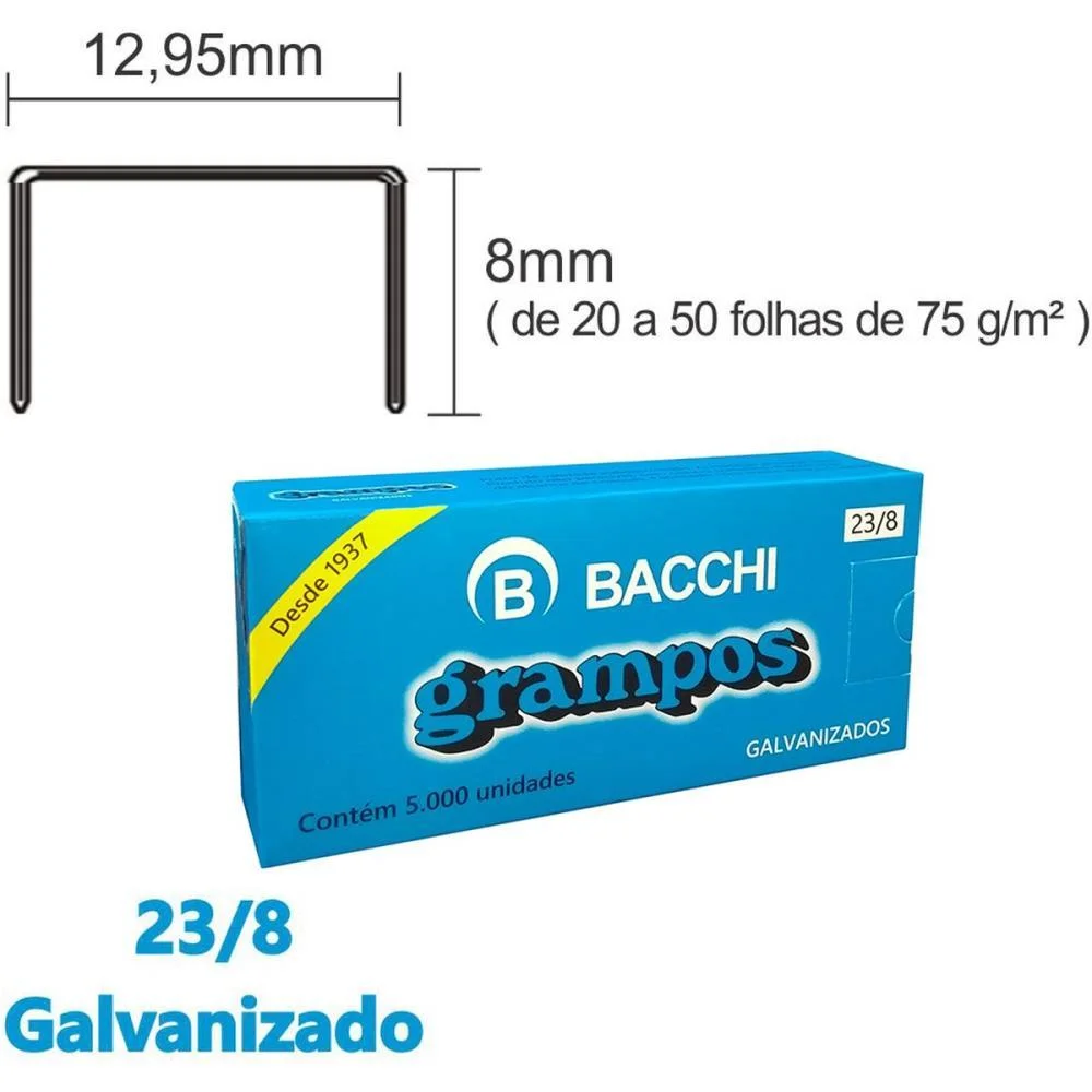 GRAMPO PARA GRAMPEADOR 23/8 GALVANIZADO 5000 GRAMPOS BACCHI (CAIXA)