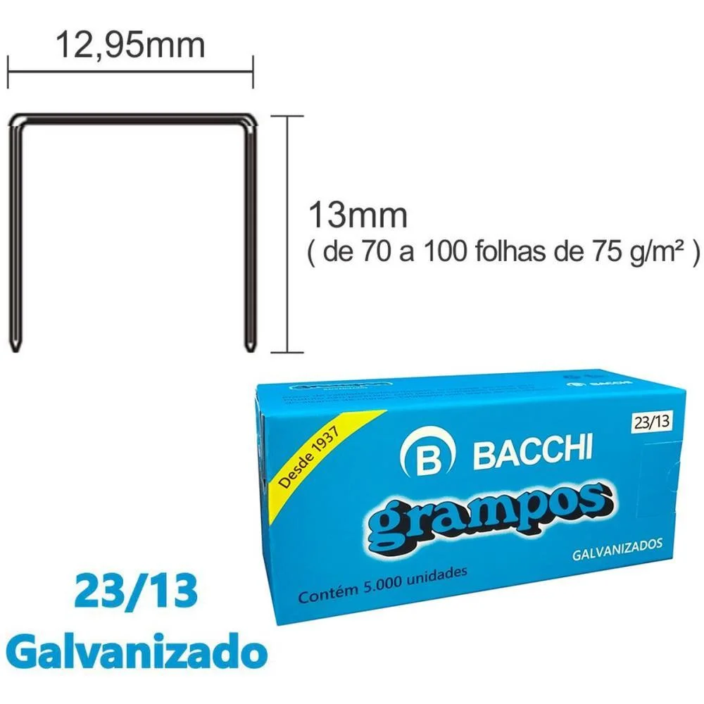 GRAMPO PARA GRAMPEADOR 23/13 GALVANIZADO 5000 GRAMPOS BACCHI (CAIXA)