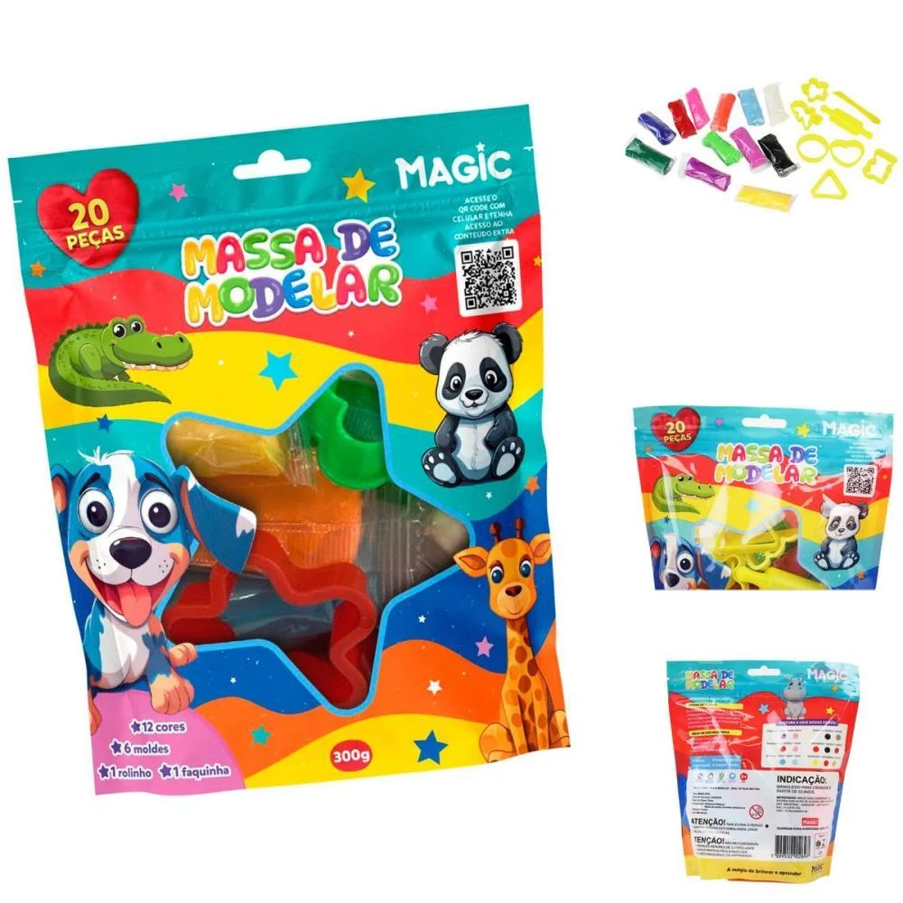 MASSA PARA MODELAR CRIATIVA MAGIC 300G COM 12CORES/6MOLDES MAGIC KIDS (UNIDADE)