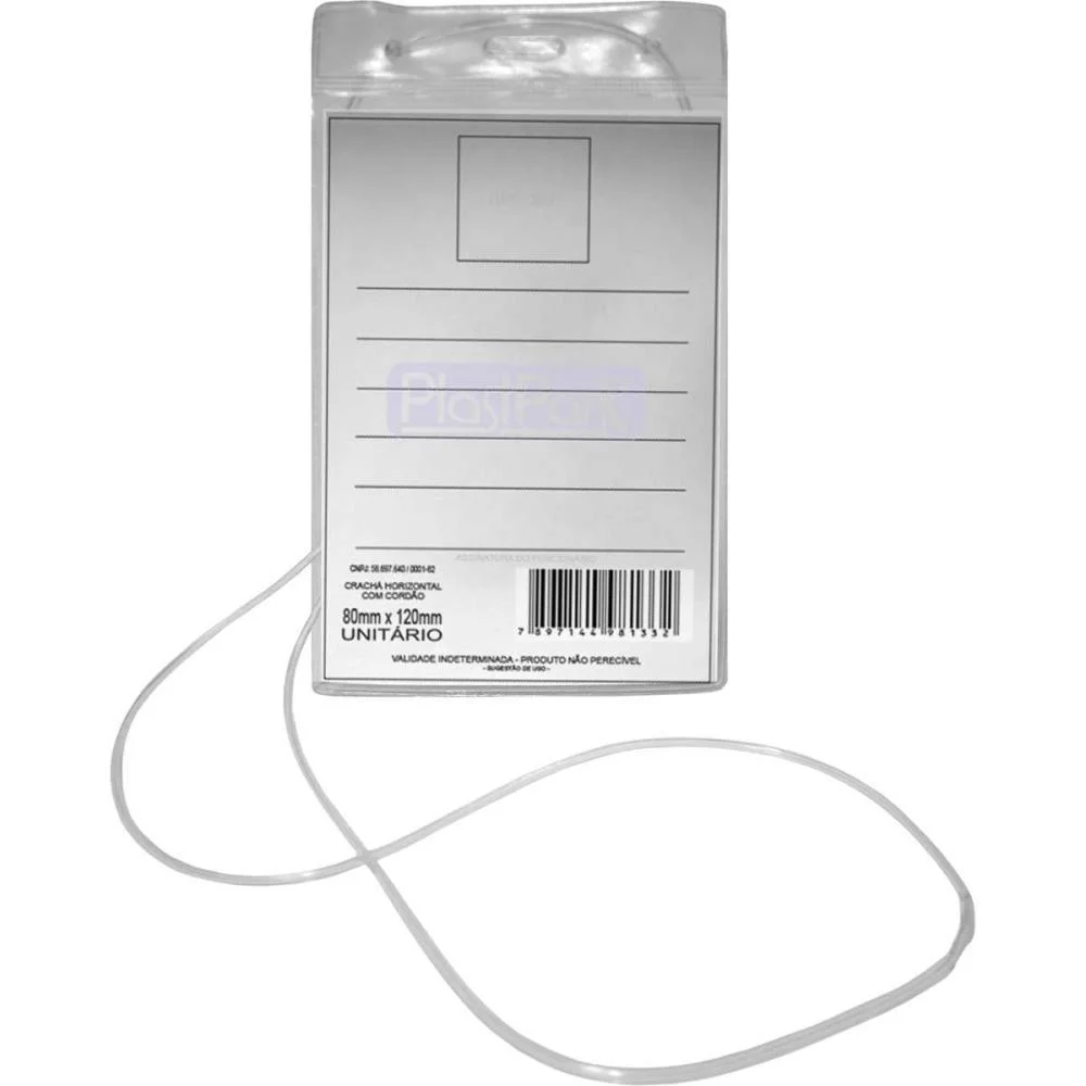 CRACHA COM CORDAO TRANSPARENTE VERTICAL 12X8CM. ROMITEC (PCT.C/50)