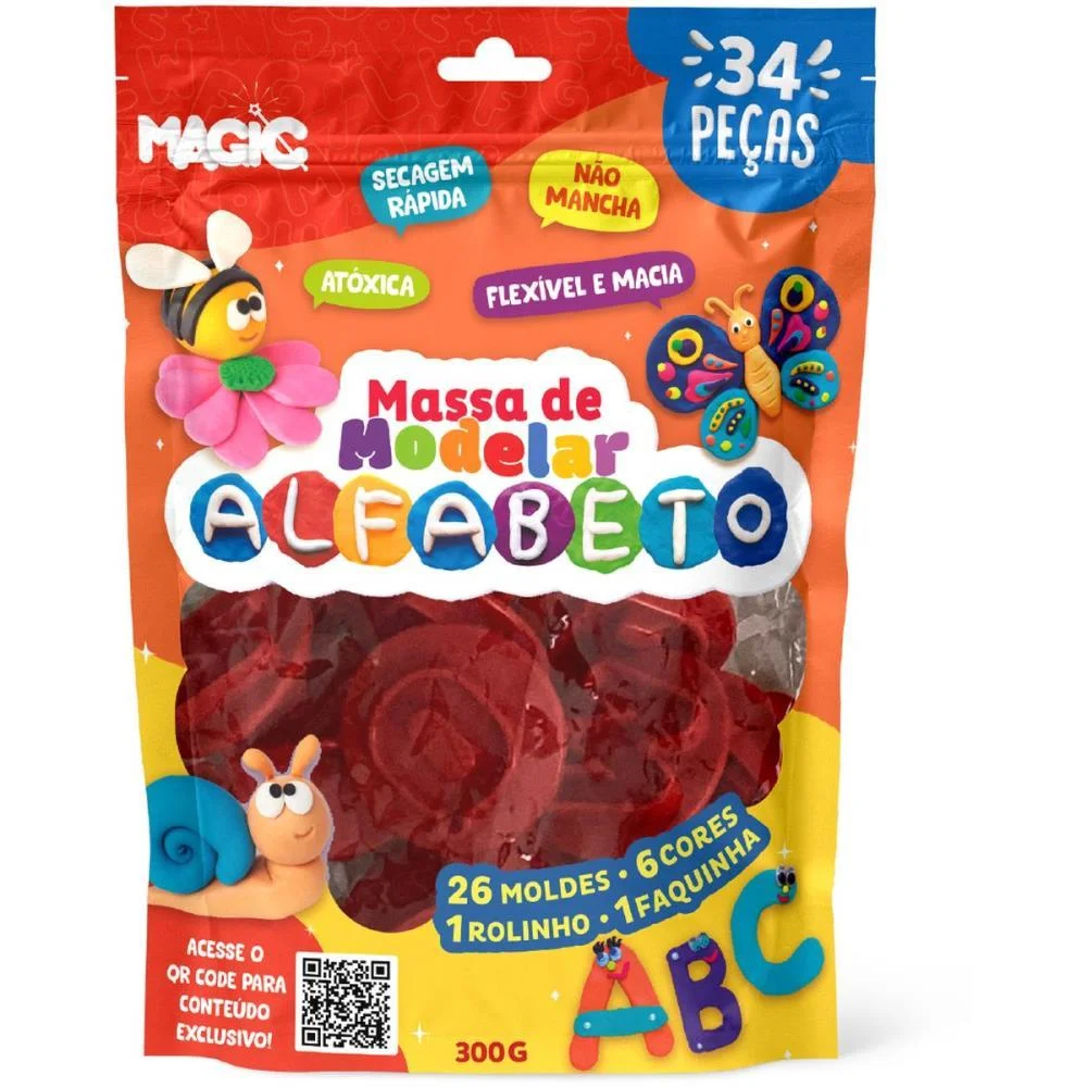 MASSA PARA MODELAR CRIATIVA ALFABETO 300G 34PCS C/MOLDES MAGIC KIDS (UNIDADE)