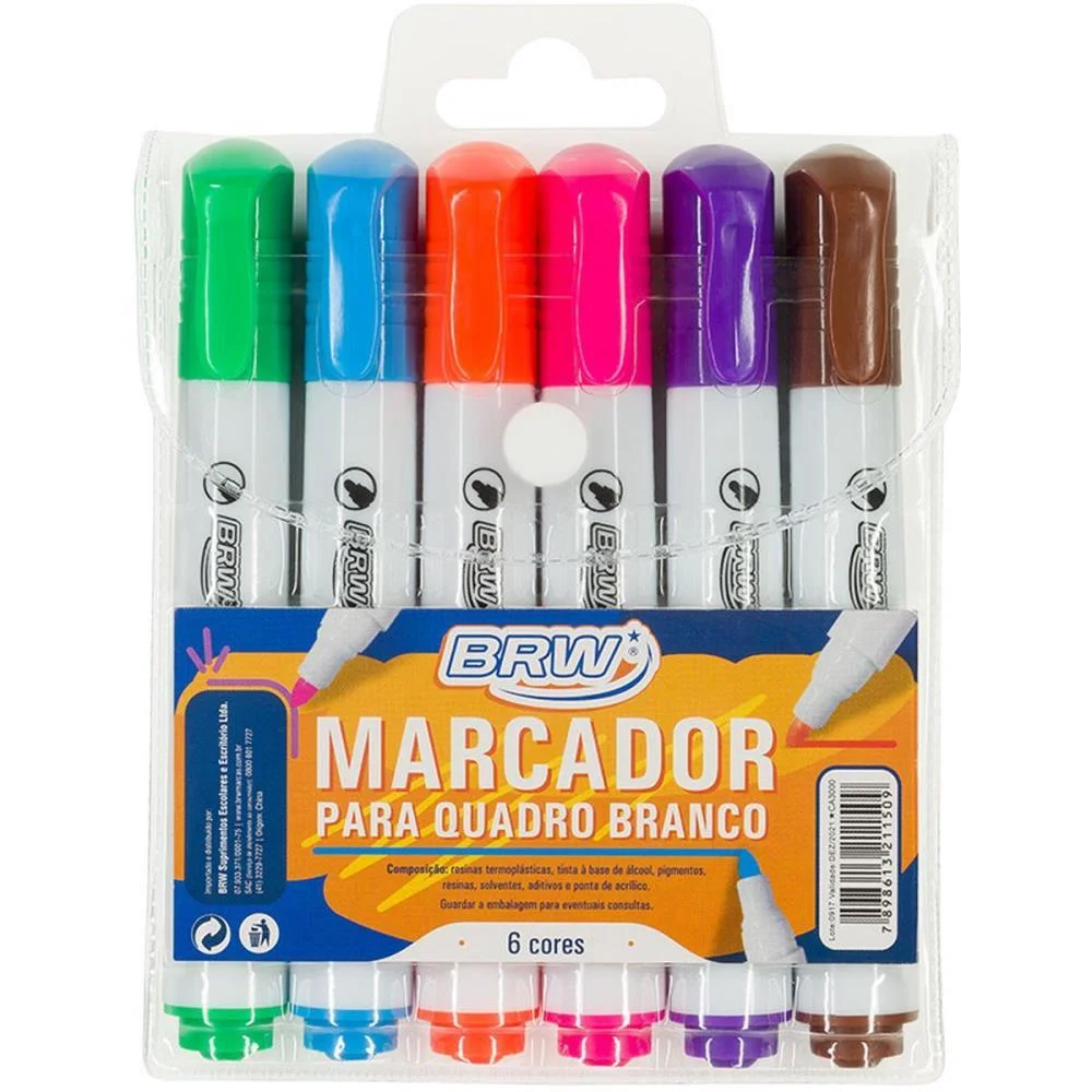 PINCEL QUADRO BRANCO PONTA REDONDA 6 CORES BRW (ESTOJO)