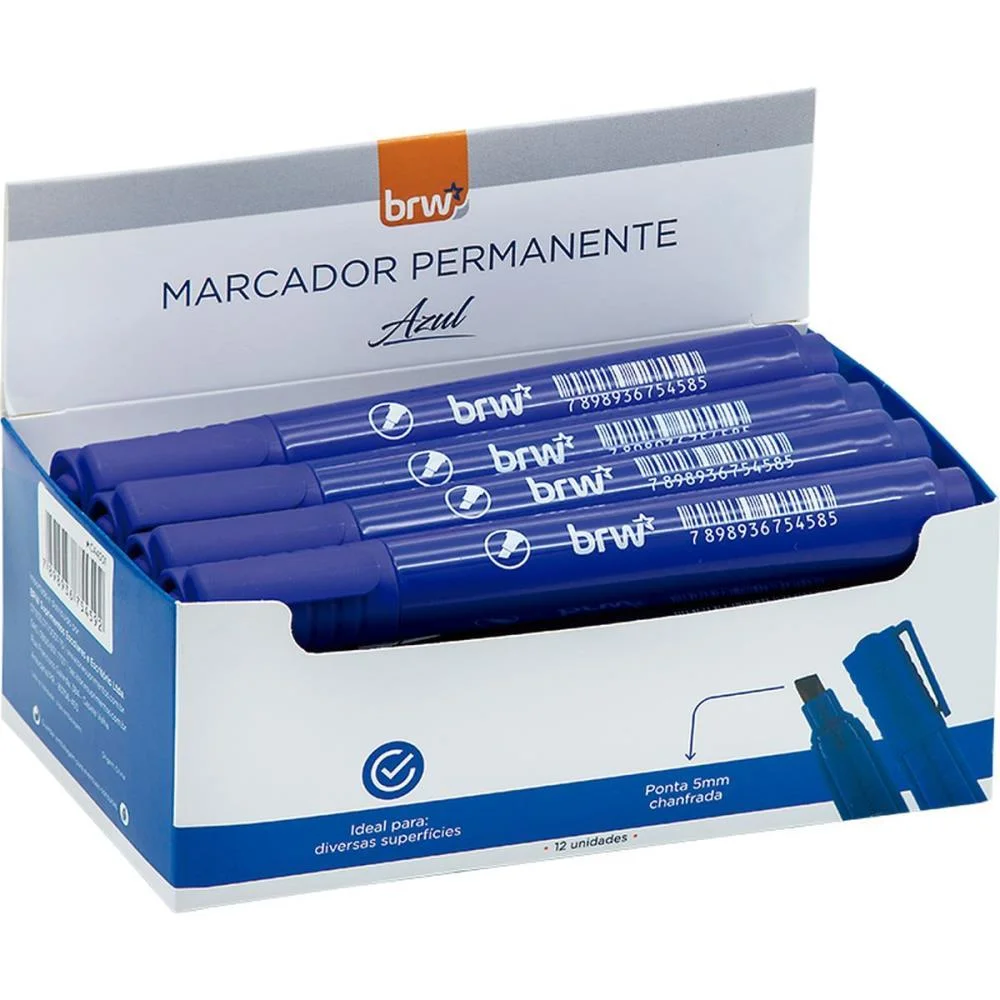 PINCEL MARCADOR PERMANENTE PONTA CHANFRADA AZUL BRW (CX.C/12)