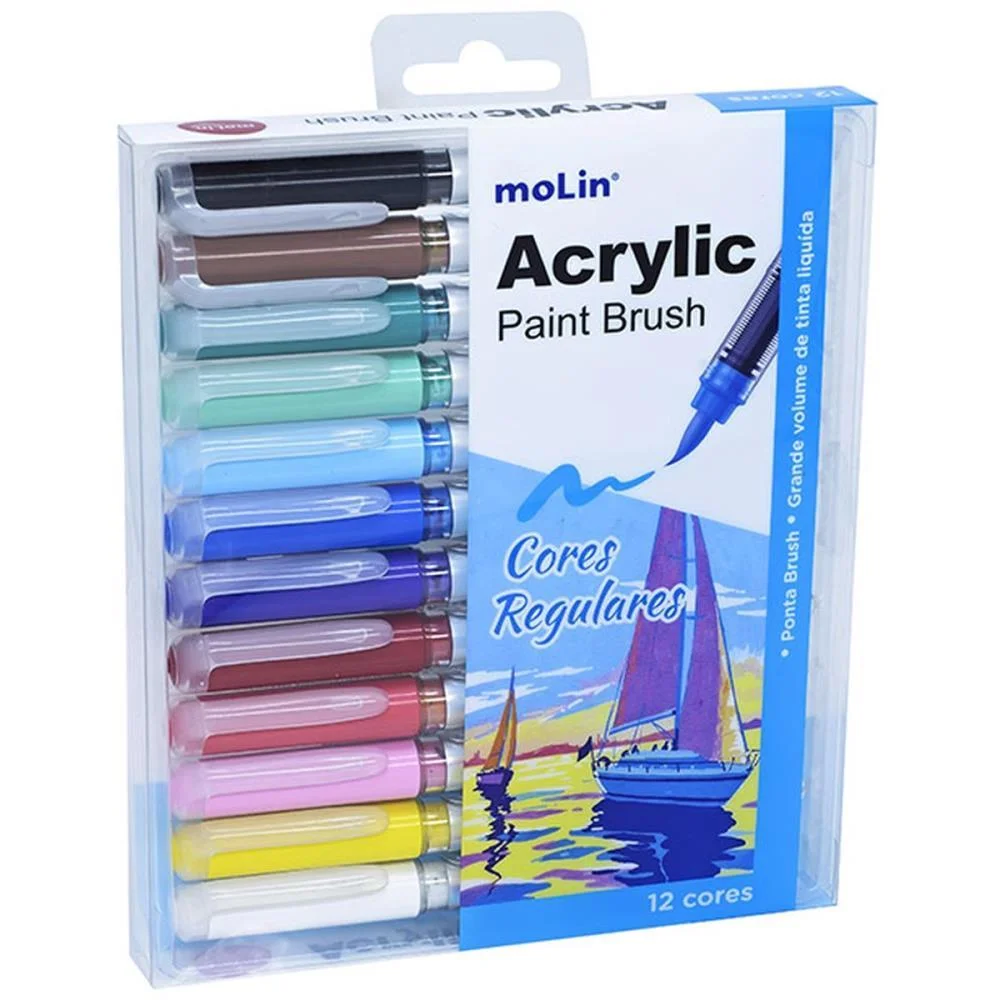 MARCADOR ARTISTICO ACRYLIC BRUSH 12 CORES VIVAS MOLIN (ESTOJO)