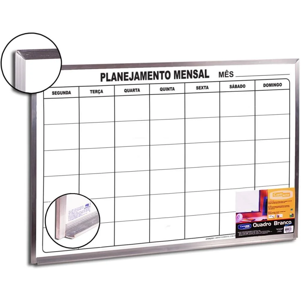 QUADRO BRANCO MOLDURA ALUMINIO 090X060CM PLANEJAMENTO MENSAL CORTIARTE (UNIDADE)