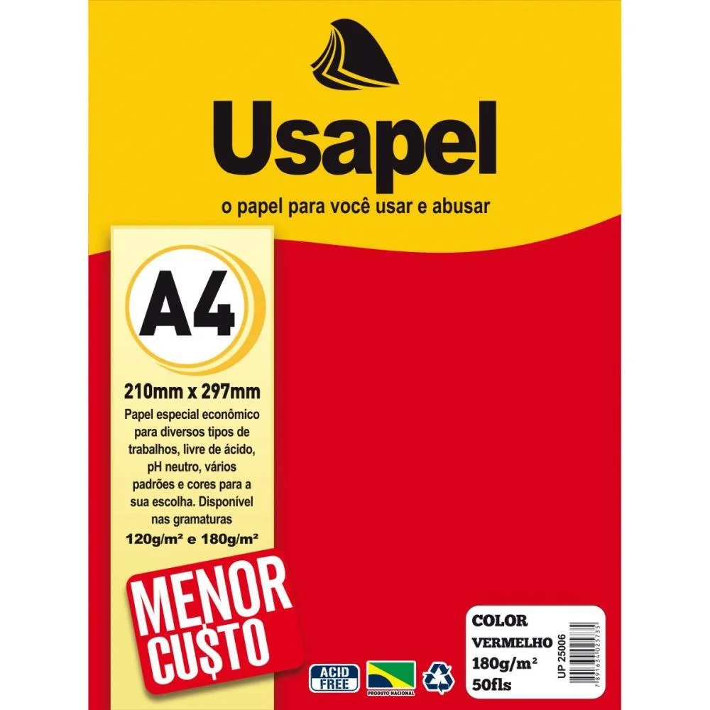 Papel A4 Color Usapel Vermelho 180G. Filiperson (Pct.c/50)