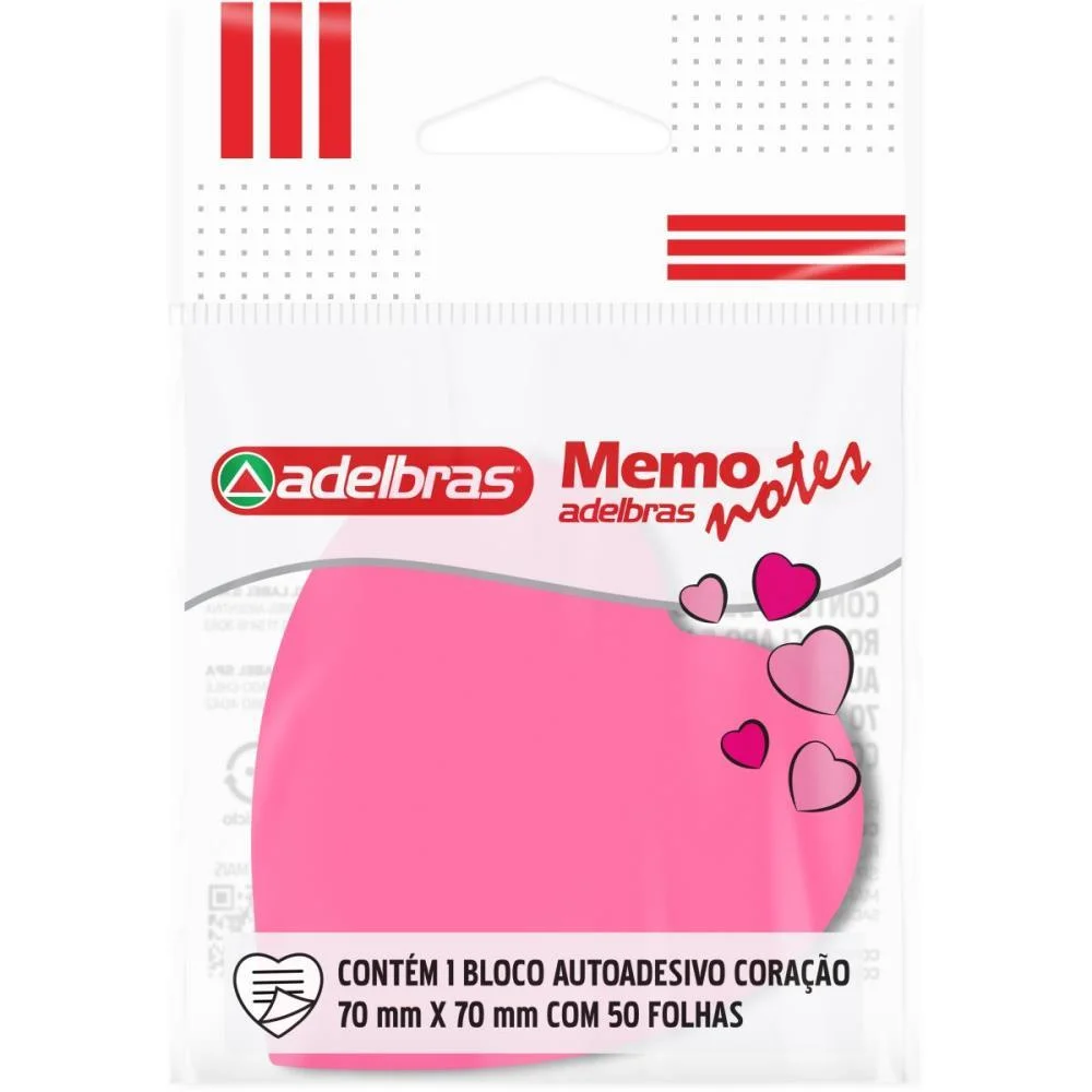 BLOCO DE RECADO AUTOADESIVO MEMONOTE CORACAO NEON RS 50FLS ADELBRAS (UNIDADE)