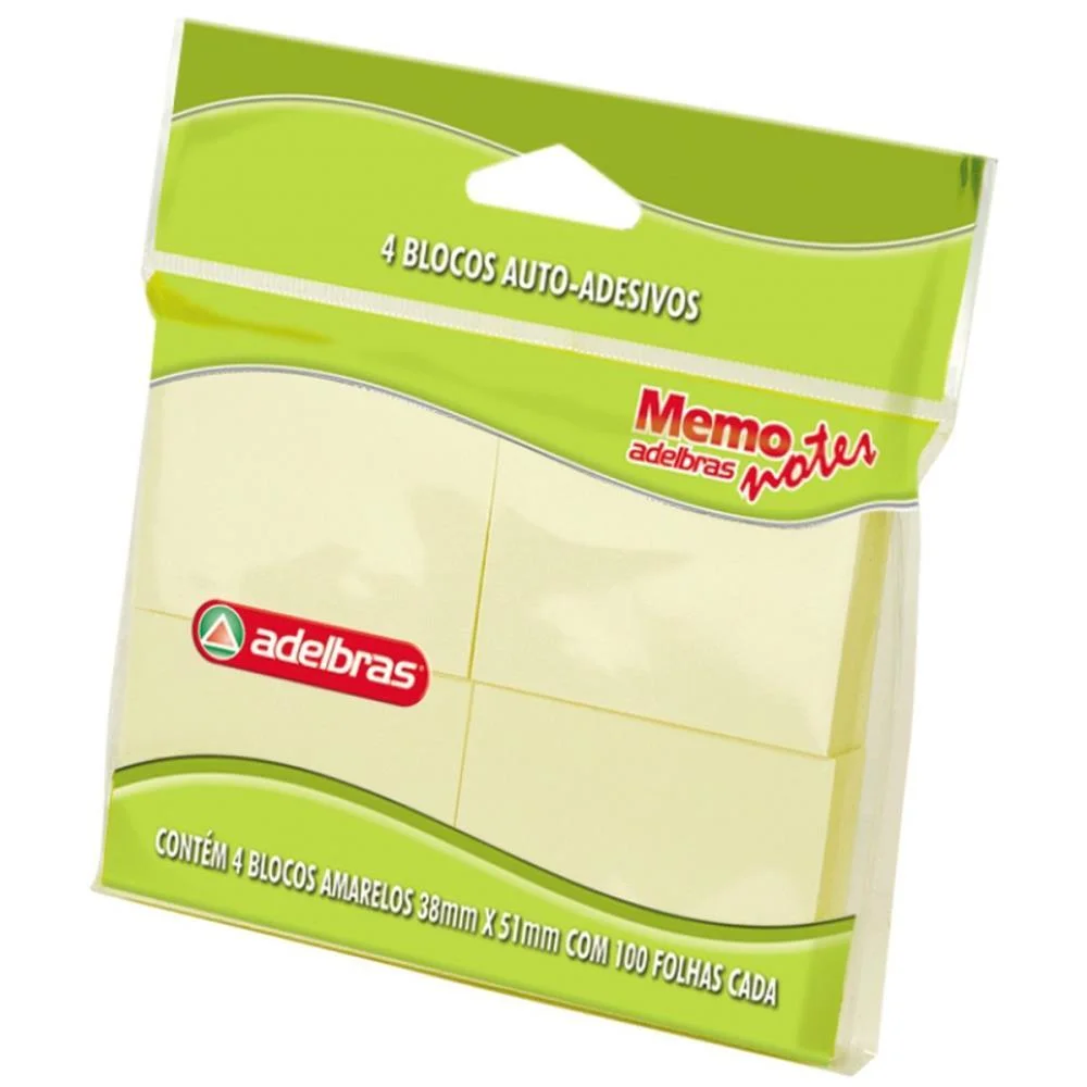 BLOCO DE RECADO AUTOADESIVO MEMONOTE AMARELO 38X50 100FLS. ADELBRAS (PCT.C/04)