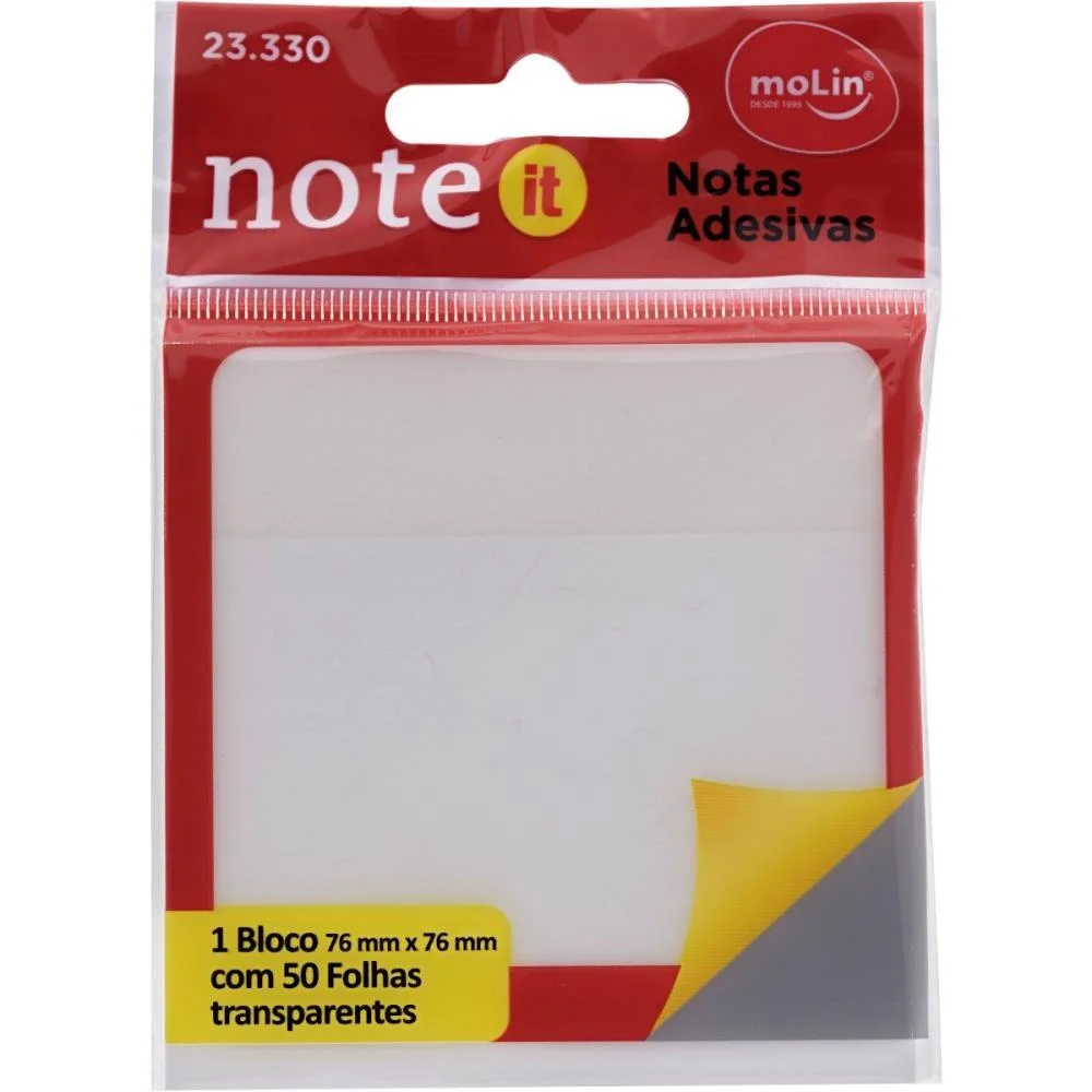 BLOCO DE RECADO AUTOADESIVO 76MMX76MM TRANSPARENTE C/50F MOLIN (BLISTER)