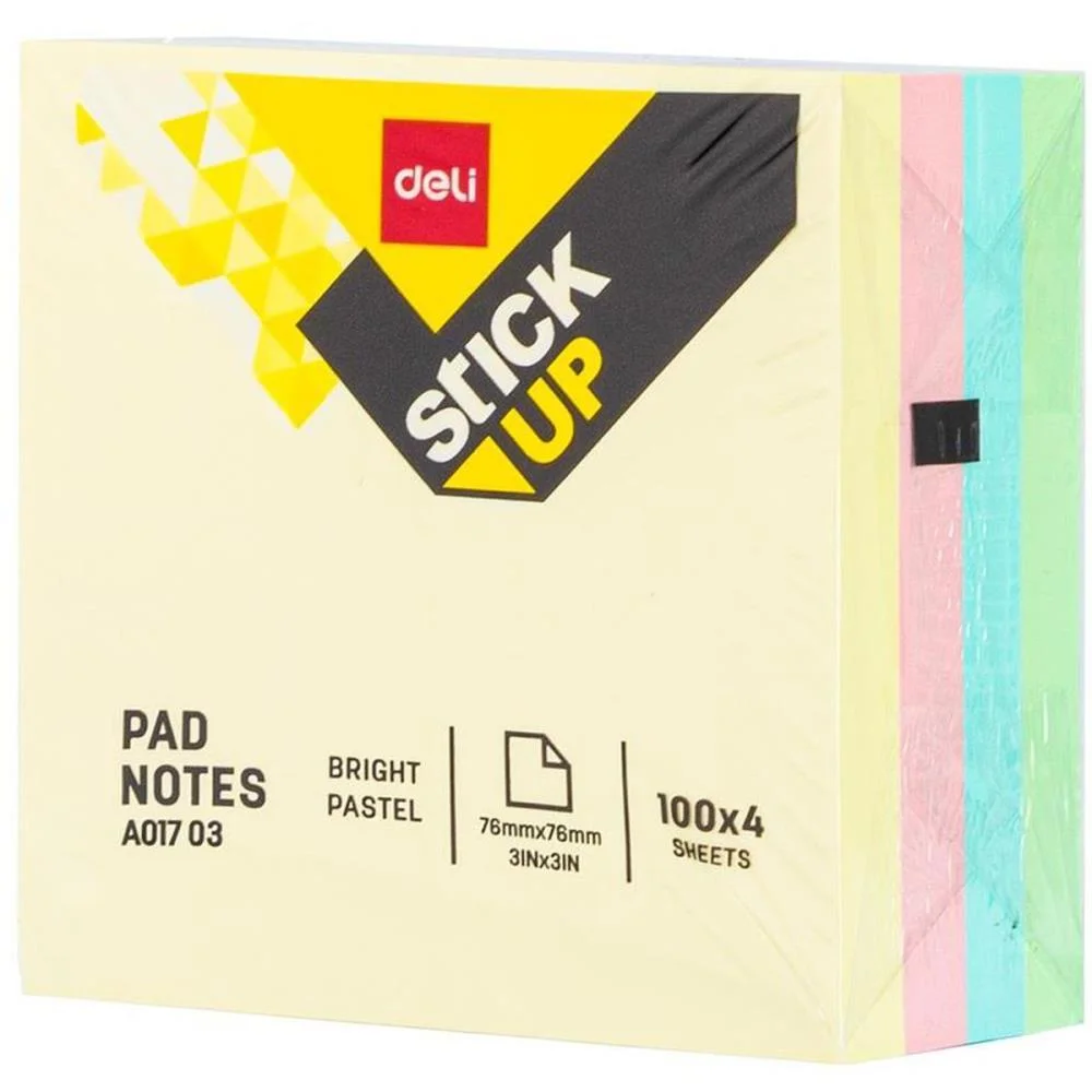 BLOCO DE RECADO AUTOADESIVO 76X76MM TONS PASTEIS 4X100FLS DELI (UNIDADE)
