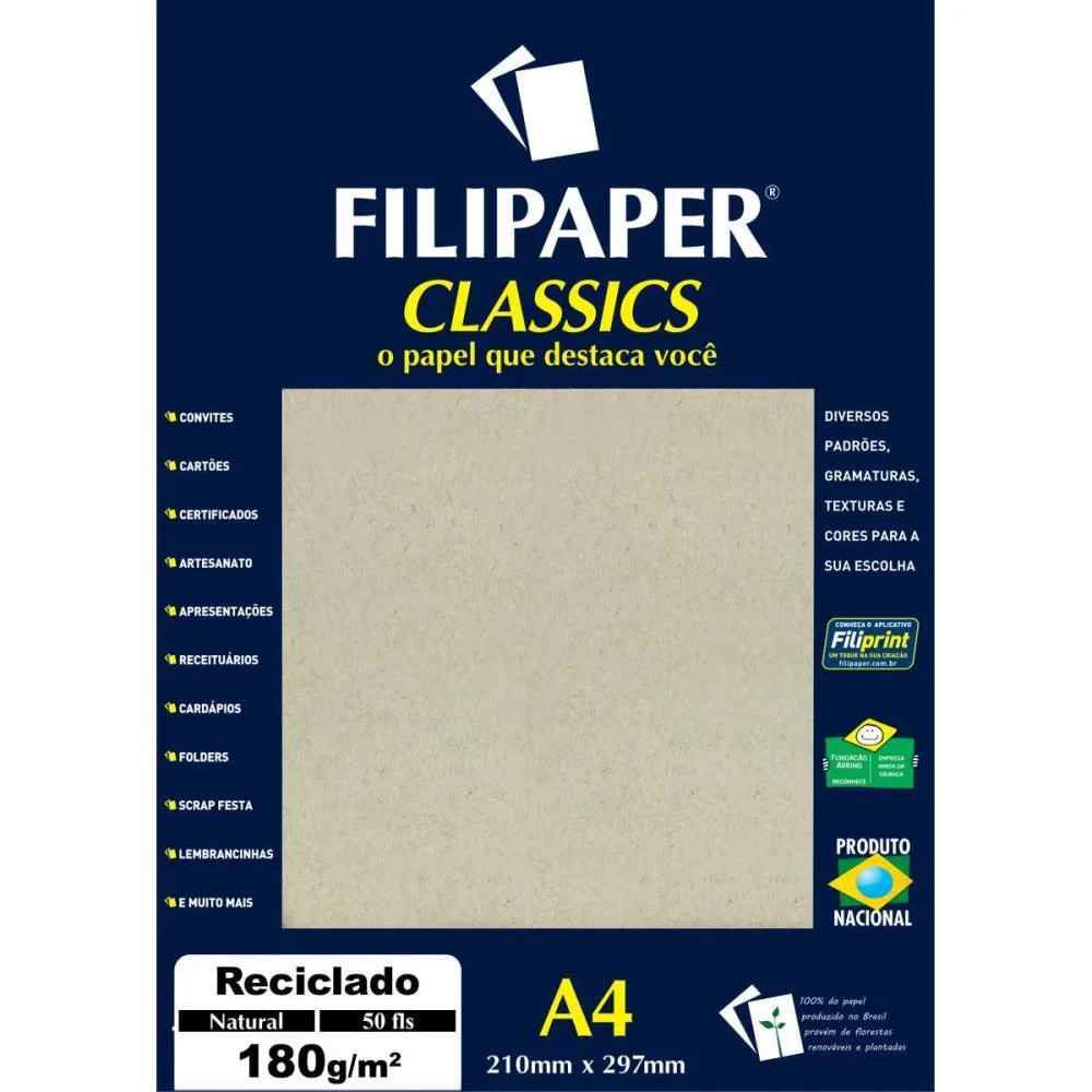 PAPEL PARA IMPRESSAO A4 RECICLADO NATURAL 180GR. FILIPERSON (PCT.C/50)