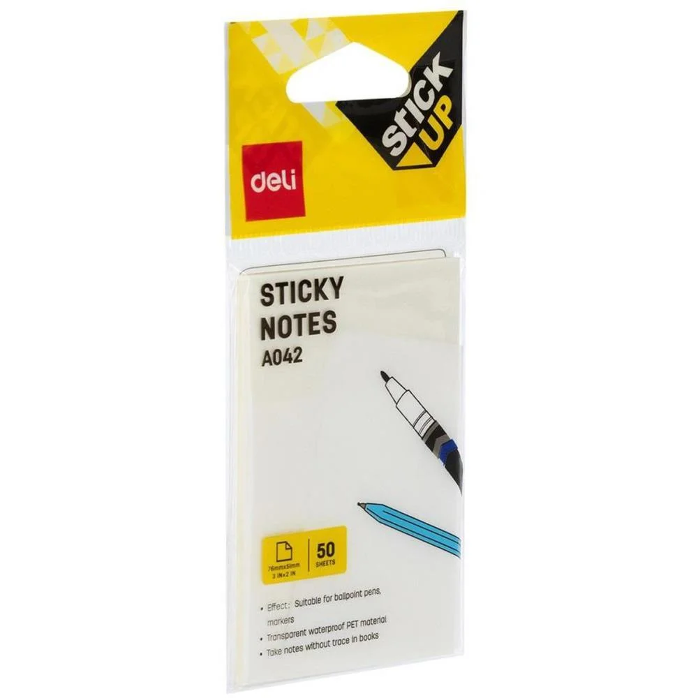 BLOCO DE RECADO AUTOADESIVO 76X51MM TRANSPARENTE 50FLS DELI (BLISTER)