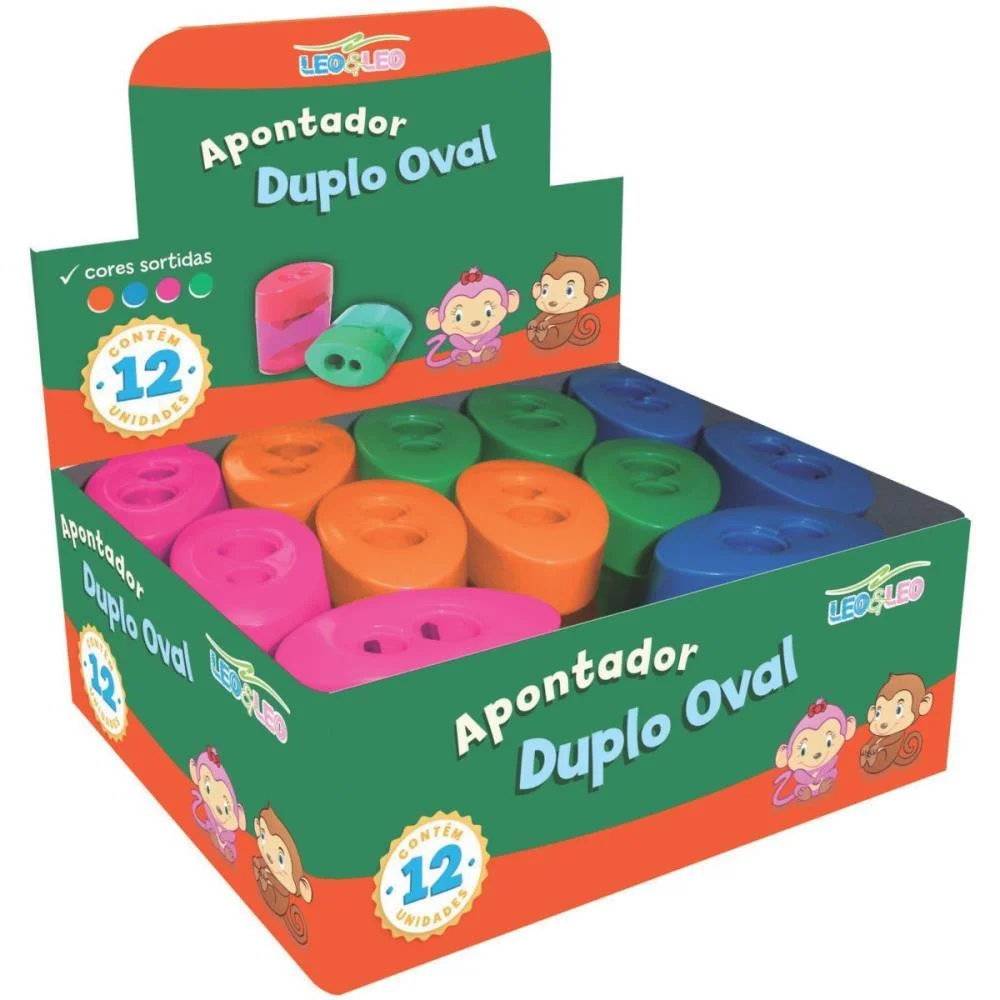APONTADOR COM DEPOSITO 2 FUROS LEO E LEO OVAL CORES LEONORA (CX.C/12)