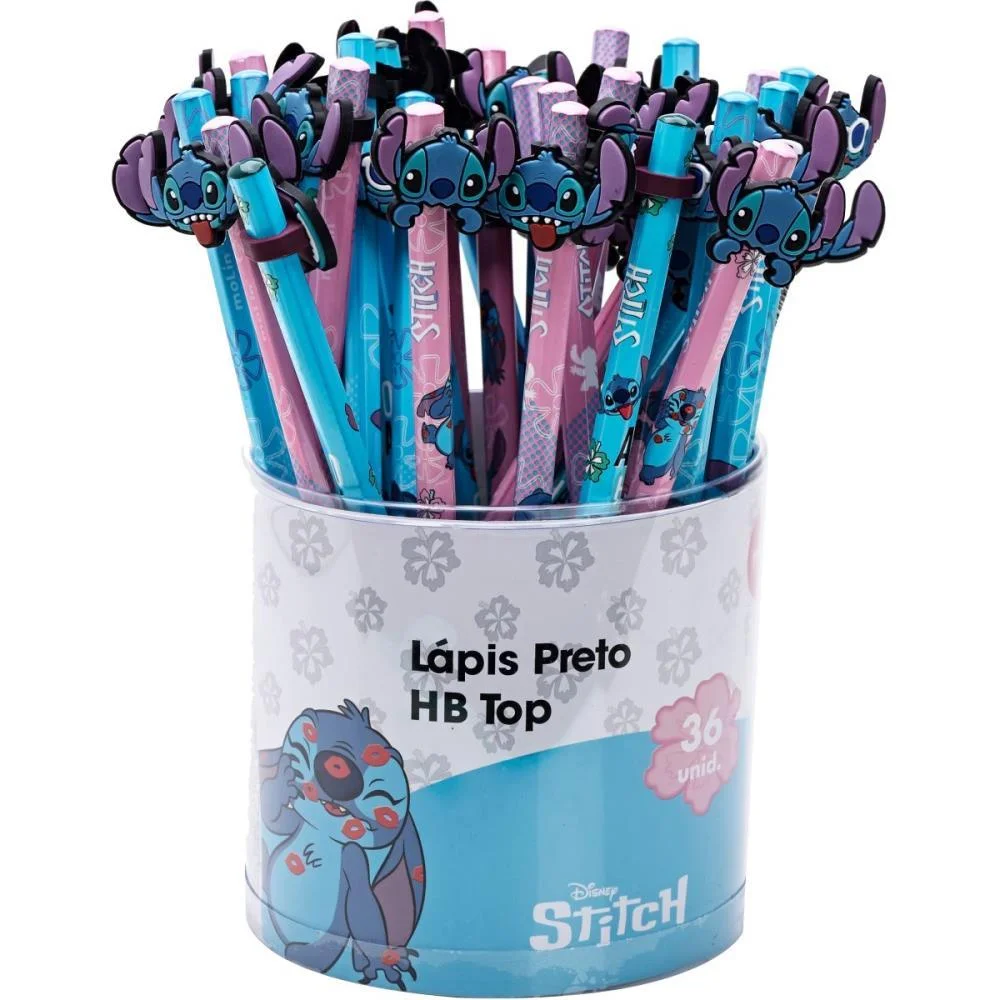 Lapis Preto Redondo Decorado Stitch Top Hb C/Borracha Molin (Pote-36)