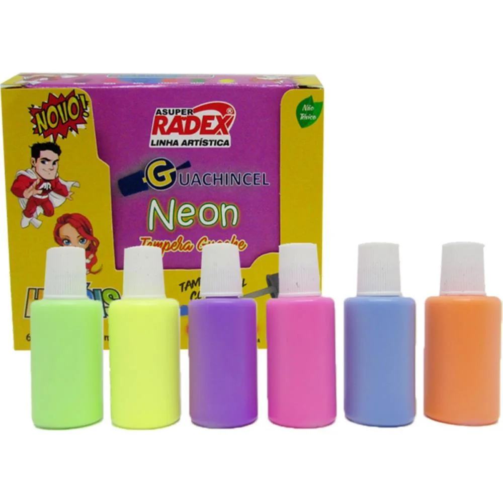 TINTA GUACHE 015ML NEON 18ML C/PINCEL 6 CORES RADEX (ESTOJO)