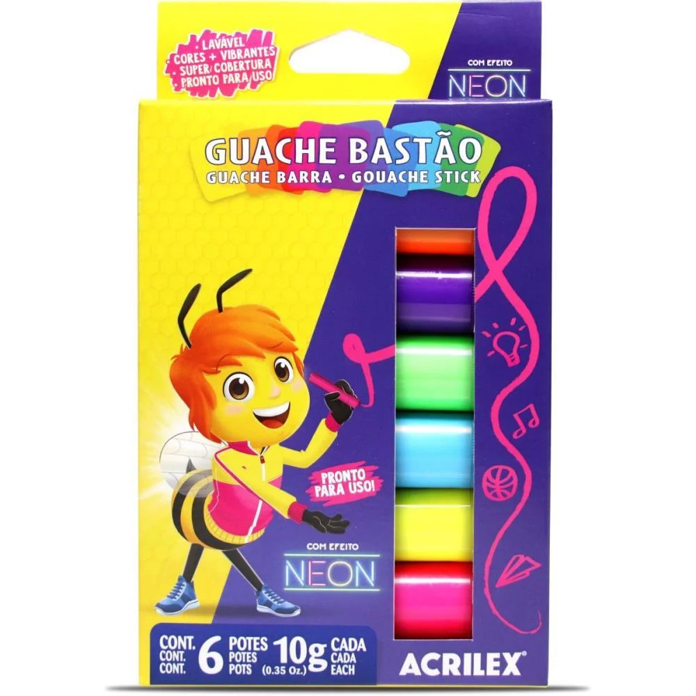 TINTA GUACHE BASTÃO NEON COM 06 CORES ACRILEX (ESTOJO)