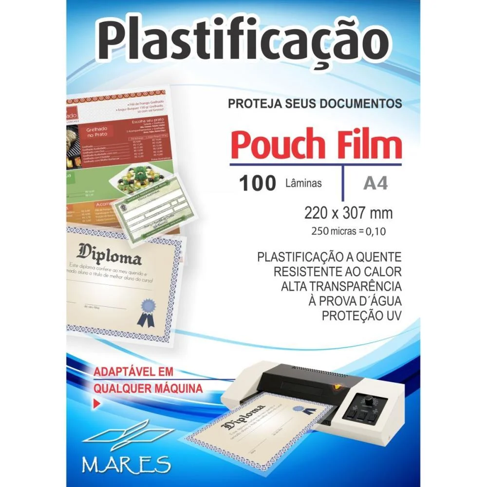 PLASTICO PARA PLASTIFICACAO POUCH FILM A4 220X307 (0,10) MARES (CONJ/100)