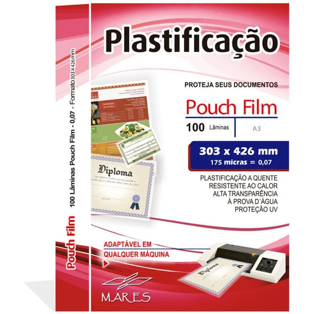 PLASTICO PARA PLASTIFICACAO POUCH FILM A3 303X426MM 0,07 MARES (CONJ/100)