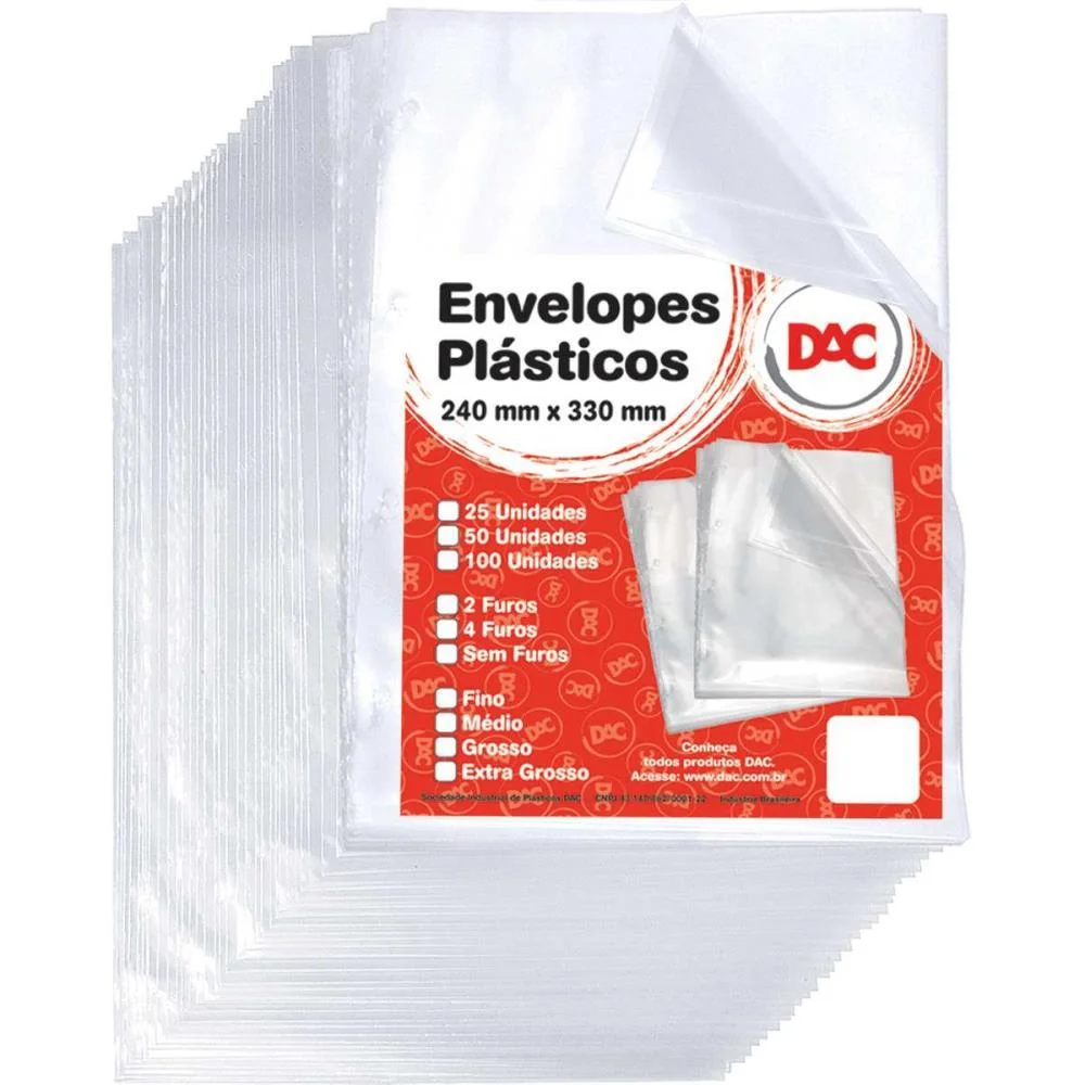 ENVELOPE PLASTICO OFICIO 4FUROS GROSSO 0,15MM DAC (PCT.C/50)