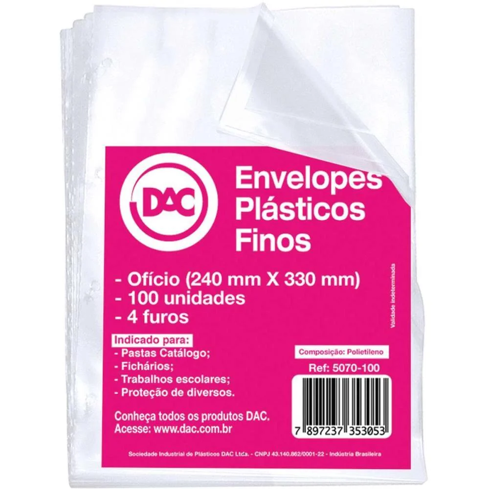 ENVELOPE PLASTICO OFICIO 4FUROS FINO 0,06MM DAC (PCT.C/100)