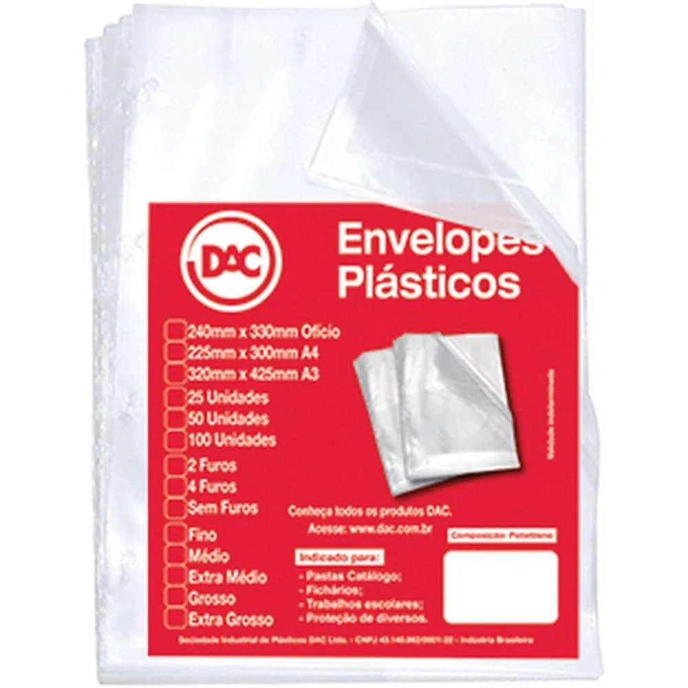 ENVELOPE PLASTICO OFICIO 4FUROS GROSSO 0,15MM DAC (PCT.C/100)