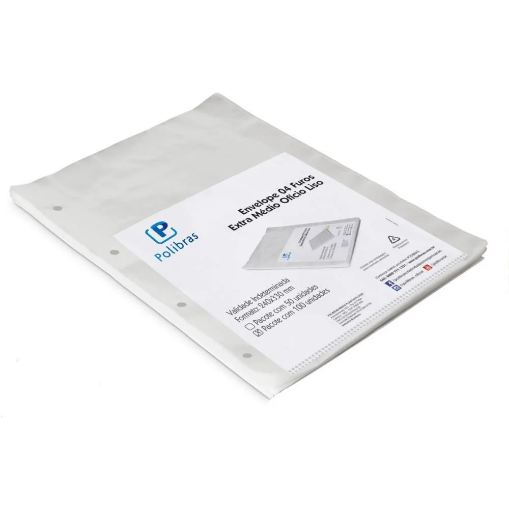 ENVELOPE PLASTICO OFICIO 4FUROS EXTRA MEDIO 0,12 POLIBRAS (PCT.C/100)