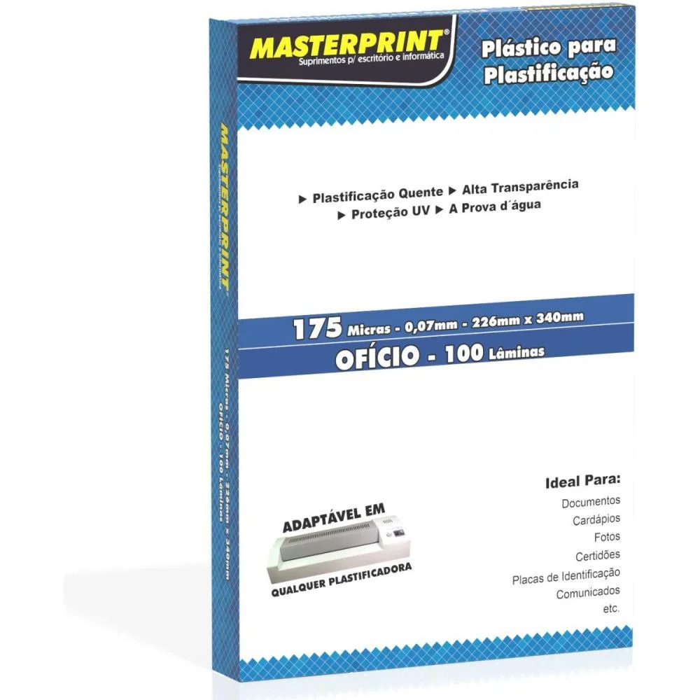 PLASTICO PARA PLASTIFICACAO OFICIO 226X340 175MICRAS (0,07 MASTERPRINT (CONJ/100)