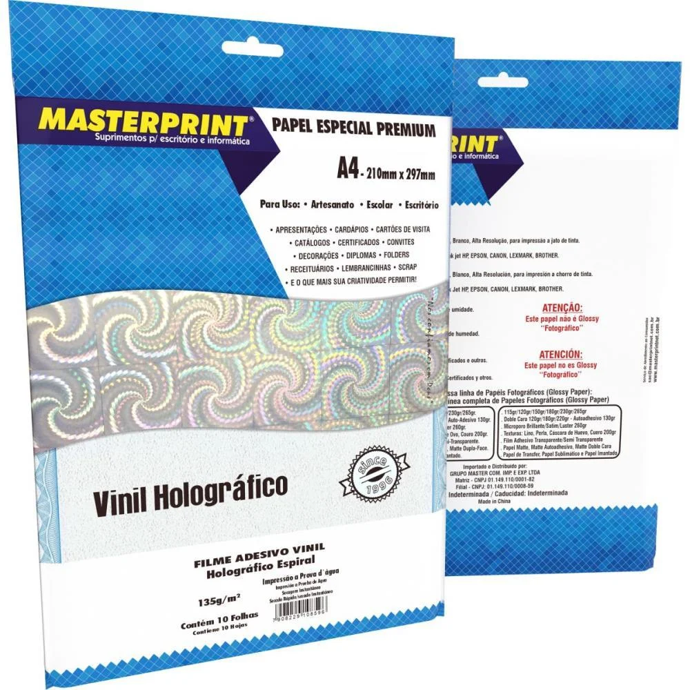 FILME ADESIVO INKJET A4 135G HOLOGRAFICO ESPIRAL MASTERPRINT (PCT.C/10)