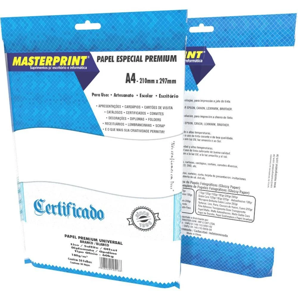 PAPEL A4 DIPLOMATA BRANCO PREMIUM 180G. MASTERPRINT (PCT.C/50)