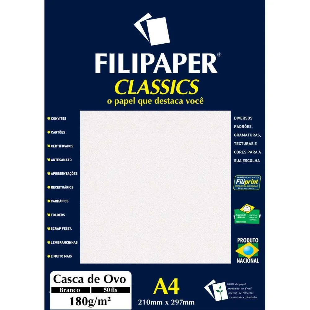 PAPEL A4 CASCA DE OVO BRANCO 180G. FILIPERSON (CX.C/50)