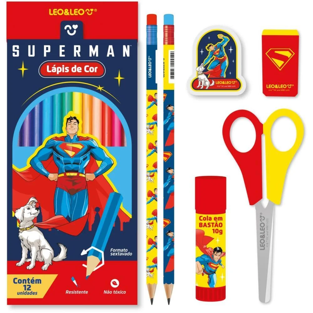 KIT ESCOLAR SUPERMAN 12 LAPIS COR + 6 PCS LEONORA (BLISTER)