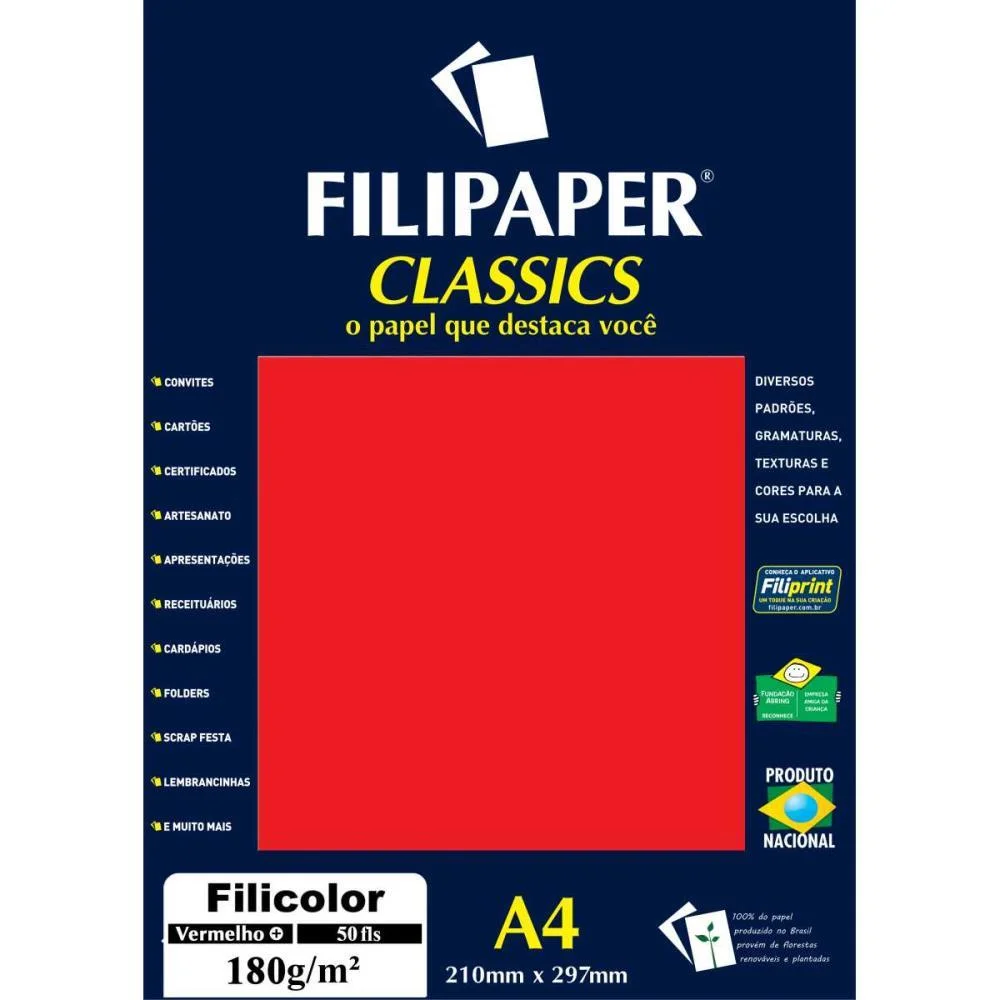 PAPEL A4 COLOR FILICOLOR VERMELHO 180G. FILIPERSON (PCT.C/50)