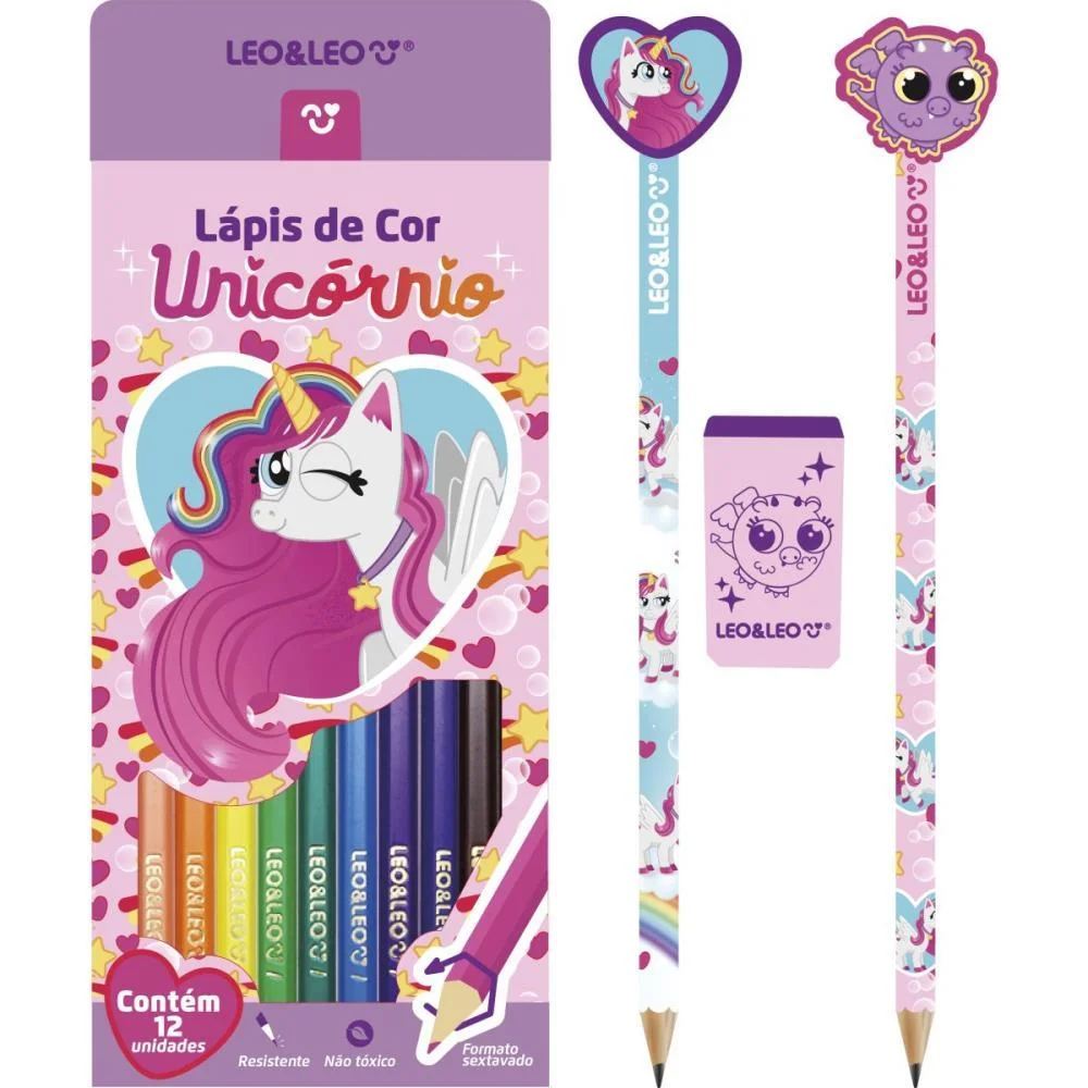 KIT ESCOLAR UNICORNIO 12 LAPIS COR + 3PCS LEONORA (BLISTER)