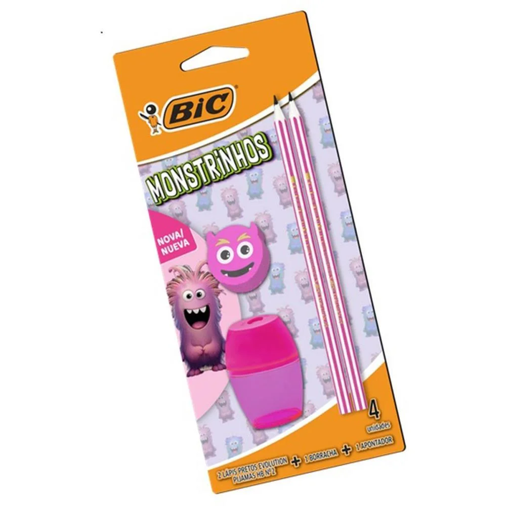 KIT ESCOLAR MONSTRINHO ROSA LAP.+BORR+APON BIC (BLISTER)