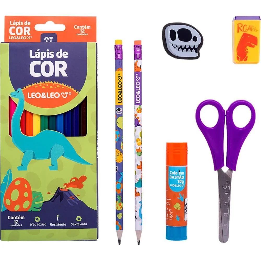KIT ESCOLAR DINO 12 LAPIS COR + 6 PECAS LEONORA (BLISTER)