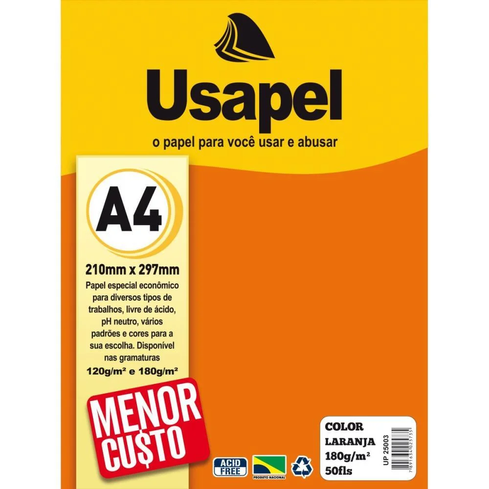 PAPEL A4 COLOR USAPEL LARANJA 180G FILIPERSON (PCT.C/50)