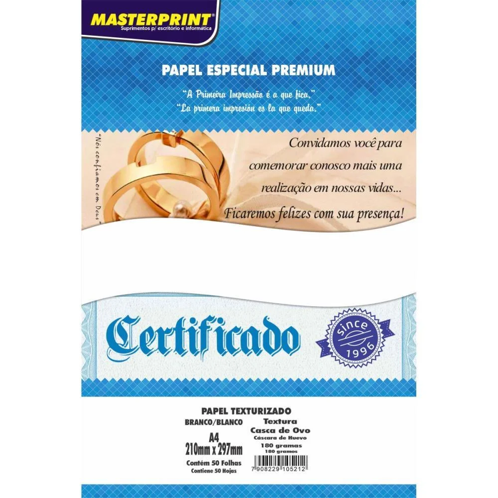 PAPEL A4 CASCA DE OVO BRANCO 180G. MASTERPRINT (PCT.C/50)